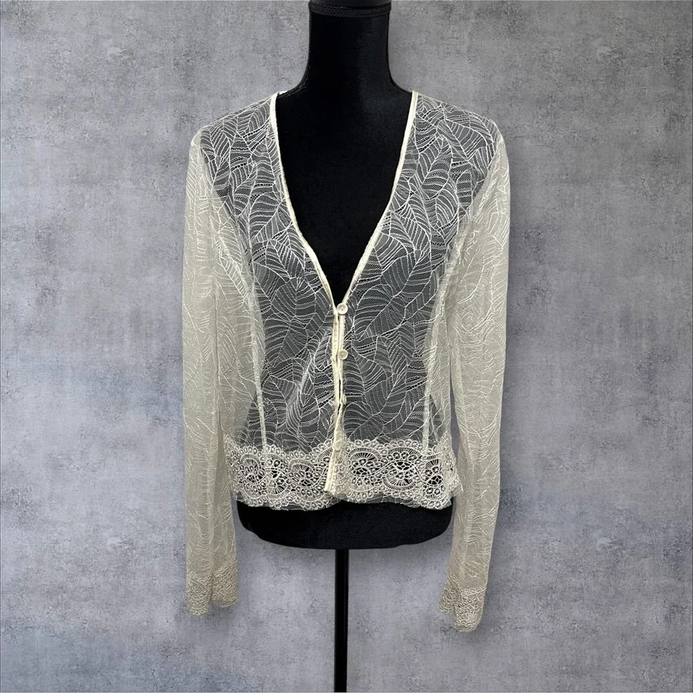 Nigel Preston for Free People Cardigan Womens L Cream Sheer Lace Leaf Boho